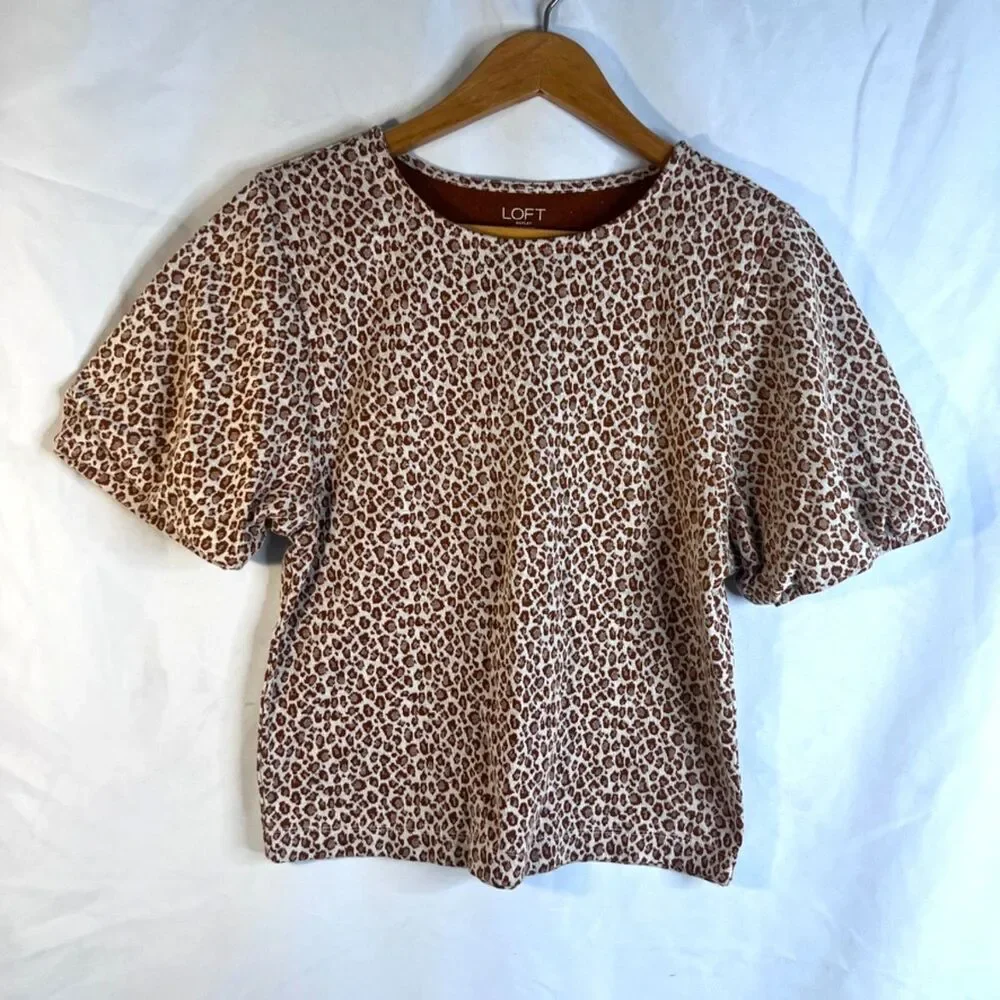 Loft Animal Print Statement Puff Short Sleeve Cropped Soft Sweater Top‎ Size XSP